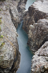 Fototapeta premium mountain river in narrow gorge among sheer cliffs