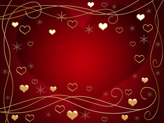 3d golden hearts, flowers and stars over red background