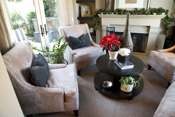 Cozy living room and fireplace.