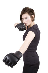 Brunette Woman Kick Boxer Serious Stance