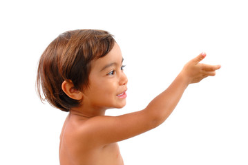 Child Speaking and point at . on white background .