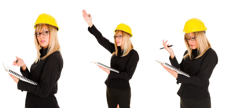 A businesswoman with documents and pencil, photo series