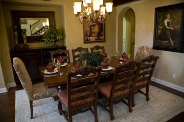 Fototapeta na wymiar Dining room with festive decor.
