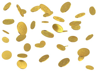 3d rendered failing golden coins, isolated on white