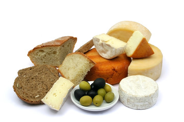 Cheese, olives and bread isolated on white