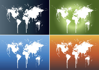 Illustrations of world maps splattered on four backgrounds