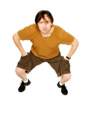 The person in brown clothes on a white background