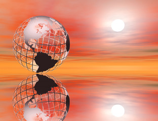 Fototapeta na wymiar 3D rendered wireframe earth in a glowing sunset setting