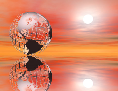 3D rendered wireframe earth in a glowing sunset setting