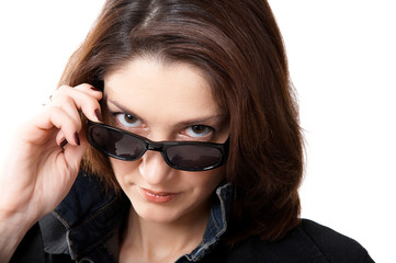 Naklejka premium Woman in sun glasses isolated on the white background