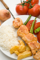 turkish style chicken fillet kebab with rice and salads