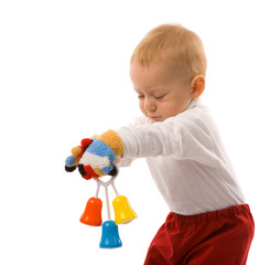 small boy with toy on white background