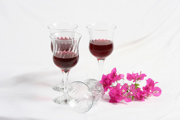 Still life a wine glasses and a sprig of Bougainvillea