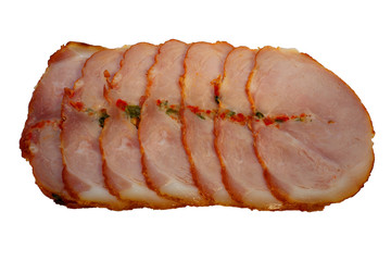Slices of a ham with spices isolated on a white background