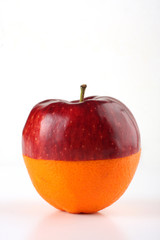 apple and orange cut in half and fit together on white