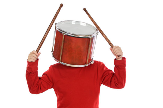 Child With A Drum In The Head A Over White Background