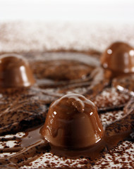 Chocolate bonanza with chunks, melted chocolate and cocoa.