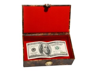 Red casket with 100 dollar banknote