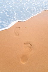 Fototapeta na wymiar Footprints on a golden sandy beach