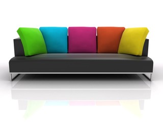Black sofa with colour pillows on white background  - obrazy, fototapety, plakaty