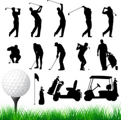 Vector Golfer silhouettes collection - Set for Golf Club: players, ball, flag, car Vector illustration