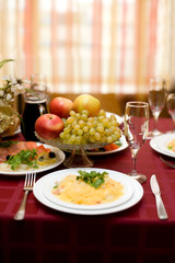Fine table setting in gourmet restaurant. Close-up