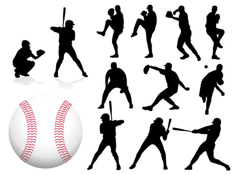 Vector Baseball Player Silhouettes - Club Set: men players, ball, base, Illustration