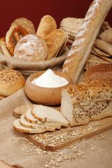 Assortment of baked breads and pretzels