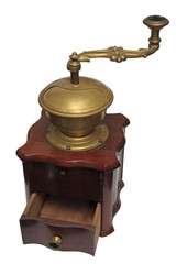 Old grinder with open coffee box.