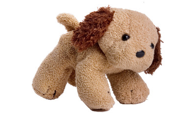 small plush stuffed dog isolates over white