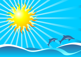 Fototapeta na wymiar Representation of a wavy sea under the sun with dolphins