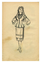 Illustration - the girl in a national Ukrainian suit 1960