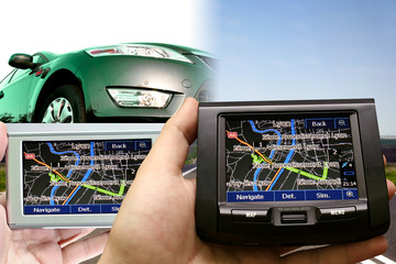 Grate car isolated on white. gps in a man hand