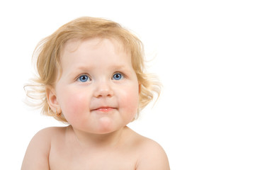 Close-up happy pretty baby portrait . Isolate on white.