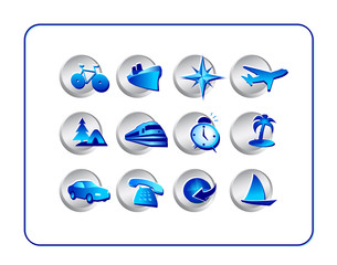 Travel Icon Set, Silver-Blue. Digital illustration.