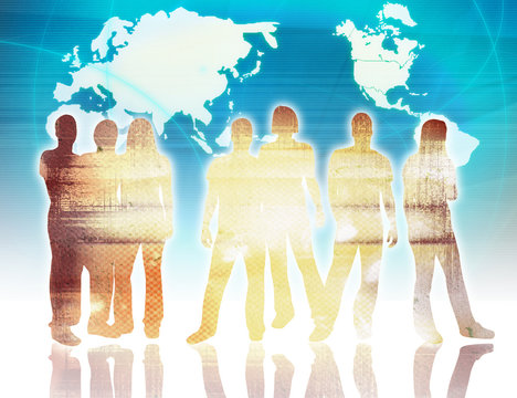 world map and people silhouettes 