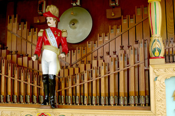 Close up detail of a vintage fairground steam organ