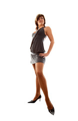 Portrait of girl dressed in military style dress.