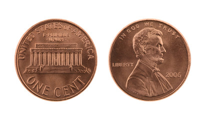 US one US cent coin isolated on white – obverse and reverse