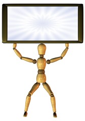 Holz-Puppe hält Schild hoch