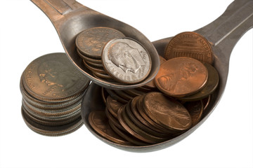 Wealth recipe ingredients - pennies, dimes,  quarters, isolated 