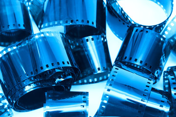 Photographic film pieces. Blue tint.