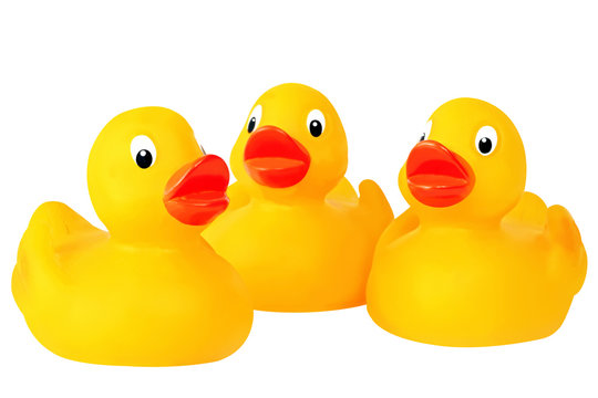 Three cute little rubber ducks, with clipping path.