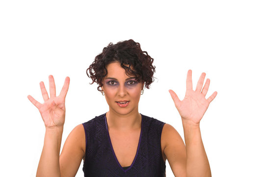 business lady is showing nine fingers as she is counting, 