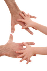 two hands - one of man and one of child isolated on white