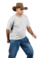 Young man with cowboy hat on the move