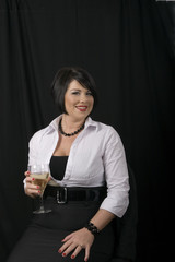 Black Hair and Wine Smiling at Camera