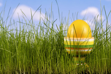 Easter eggs in grass on the background of the sky
