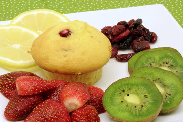 Healthy breakfast with muffin and fresh fruits