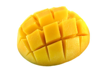Fresh and colorful mango cut and cubed in its skin.